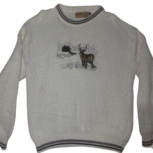 Vintage 90's Shenandoah Men's White Sweater with Deer Scene L